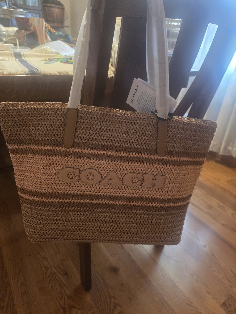 Coach Woven Straw Tote with Brown Leather Trim, NWT! - Picture 2 of 13